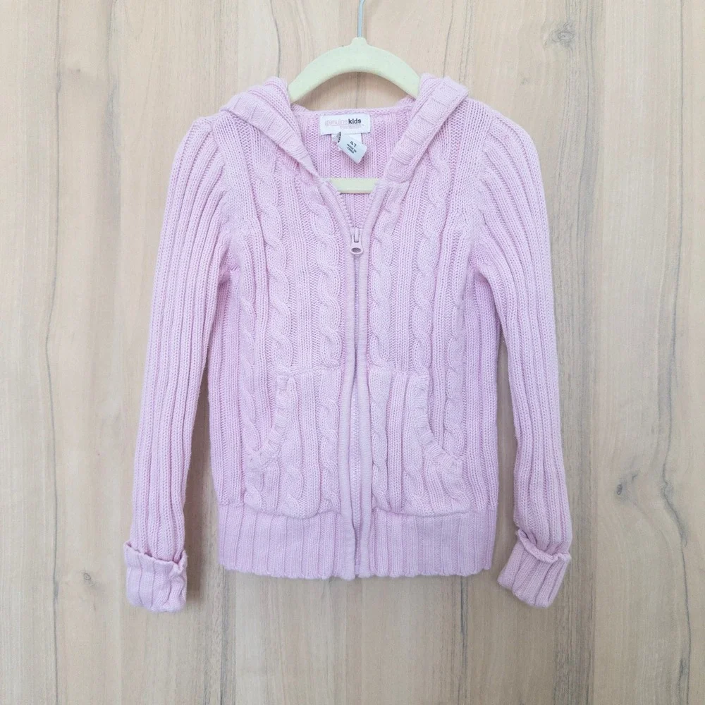 Vintage Osh Kosh Girls Sweater 4T Pink Cable Knit Hooded Zip Up Cardigan Preppy